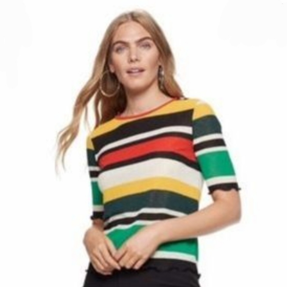 Nine West Stretchy Mesh Stripe Tee Shirt Top Size XS Black, White, Red NEW NWT